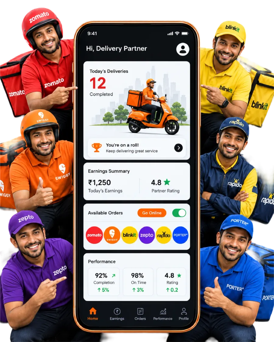 Delivery partners around a phone showing the XtraEV app with today's deliveries, earnings and performance
