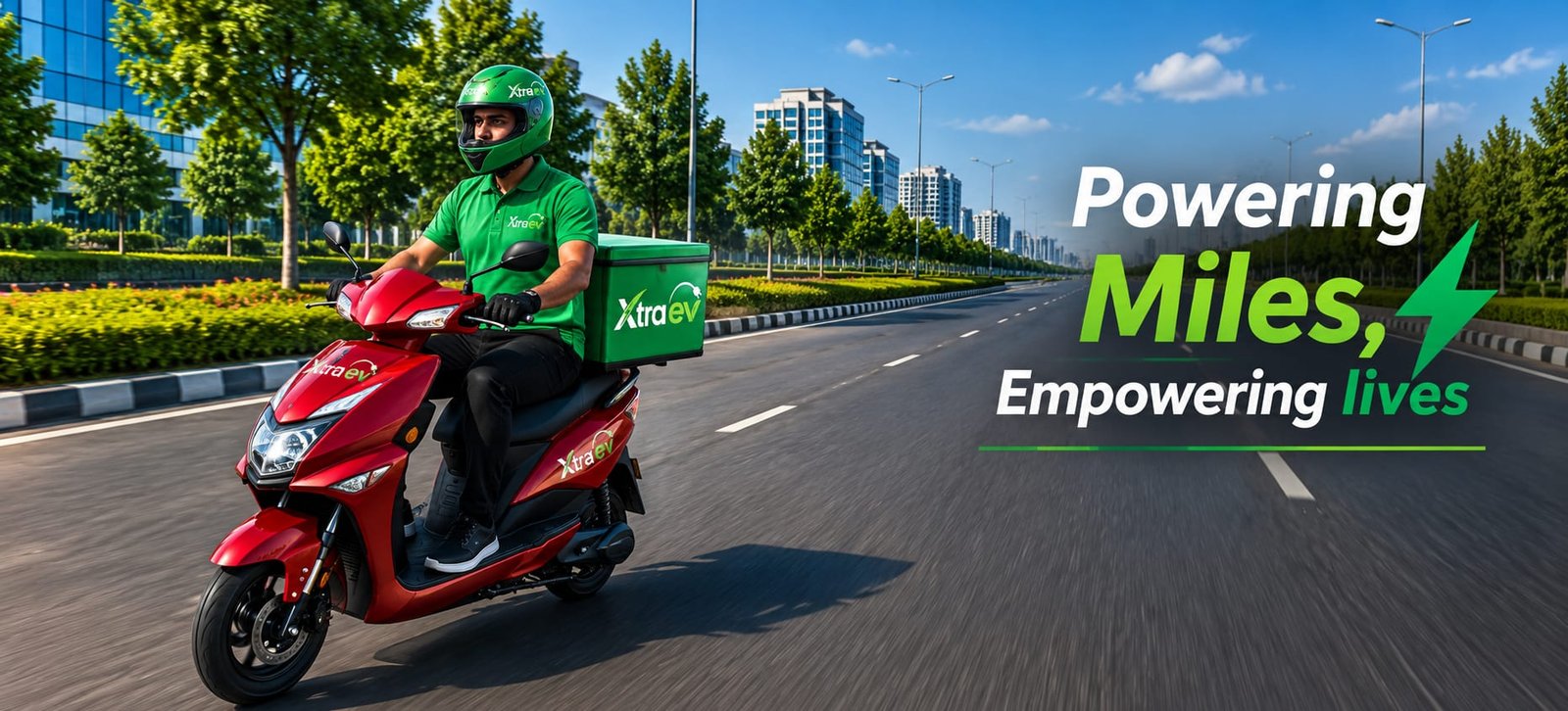 XtraEV delivery rider on an electric scooter with a green XtraEV delivery box — Powering Miles, Empowering Lives