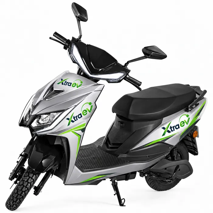 Silver XtraEV Max electric scooter with green graphics