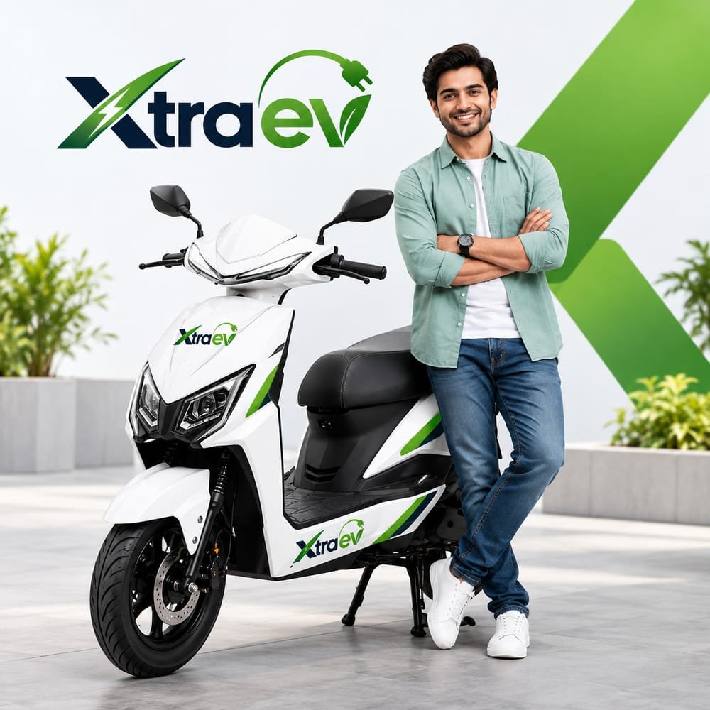 Smiling rider standing next to a white XtraEV electric scooter